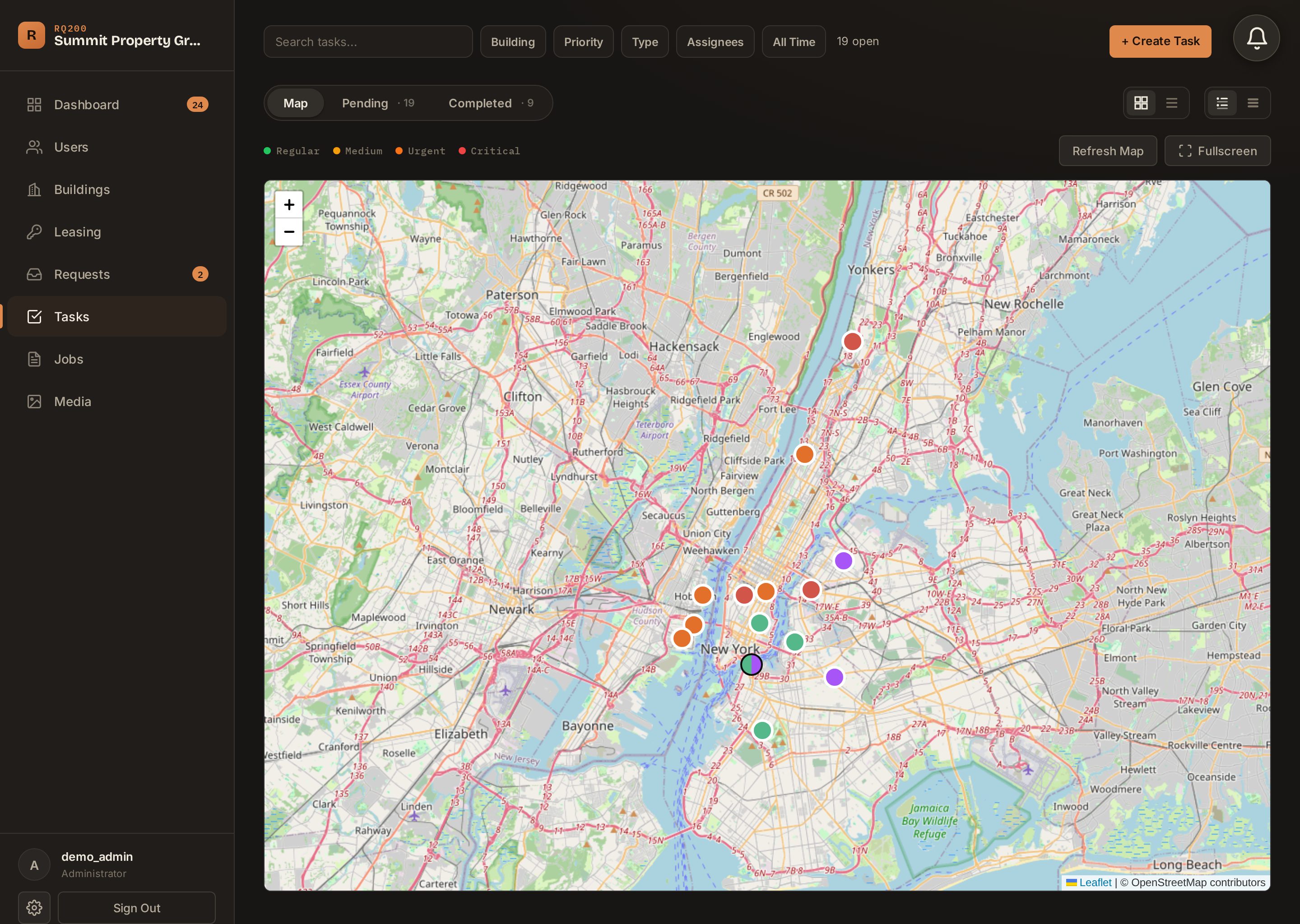 RQ200 map view — buildings color-coded by priority across a metro