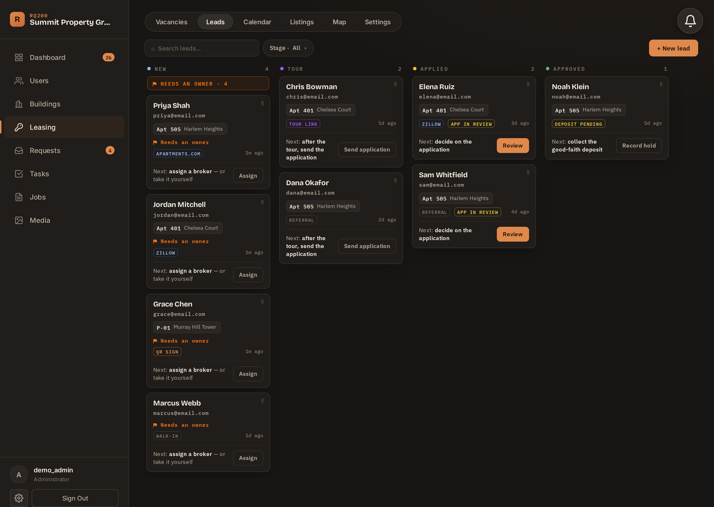 RQ200 leasing — the lead board with applicants moving from new to applied