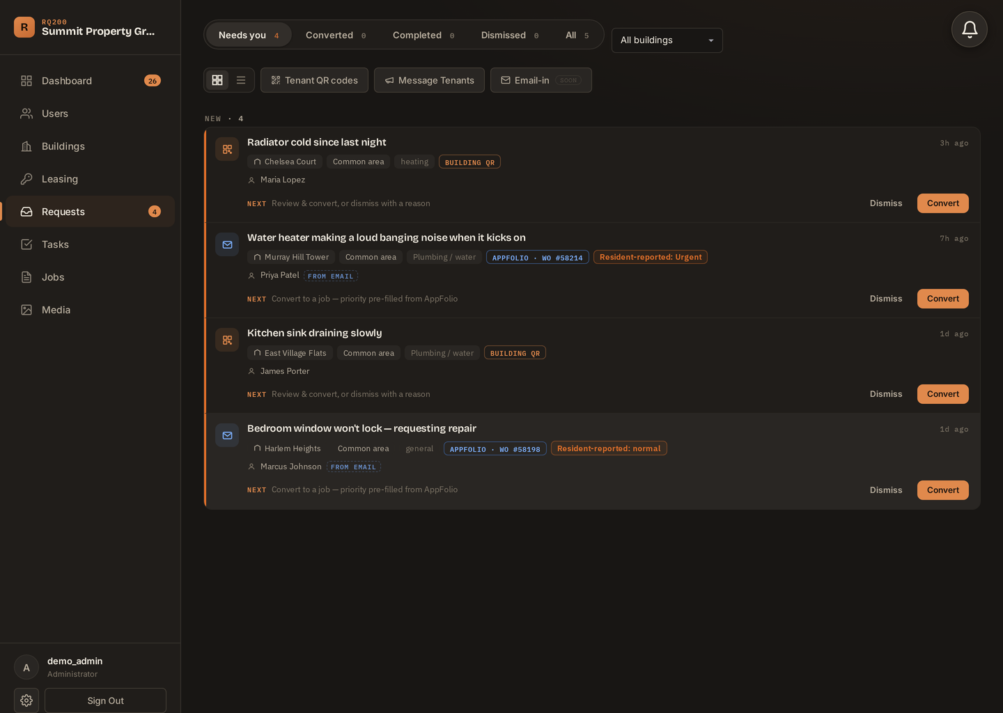 RQ200 tenant request inbox — QR-code requests and AppFolio work orders side by side