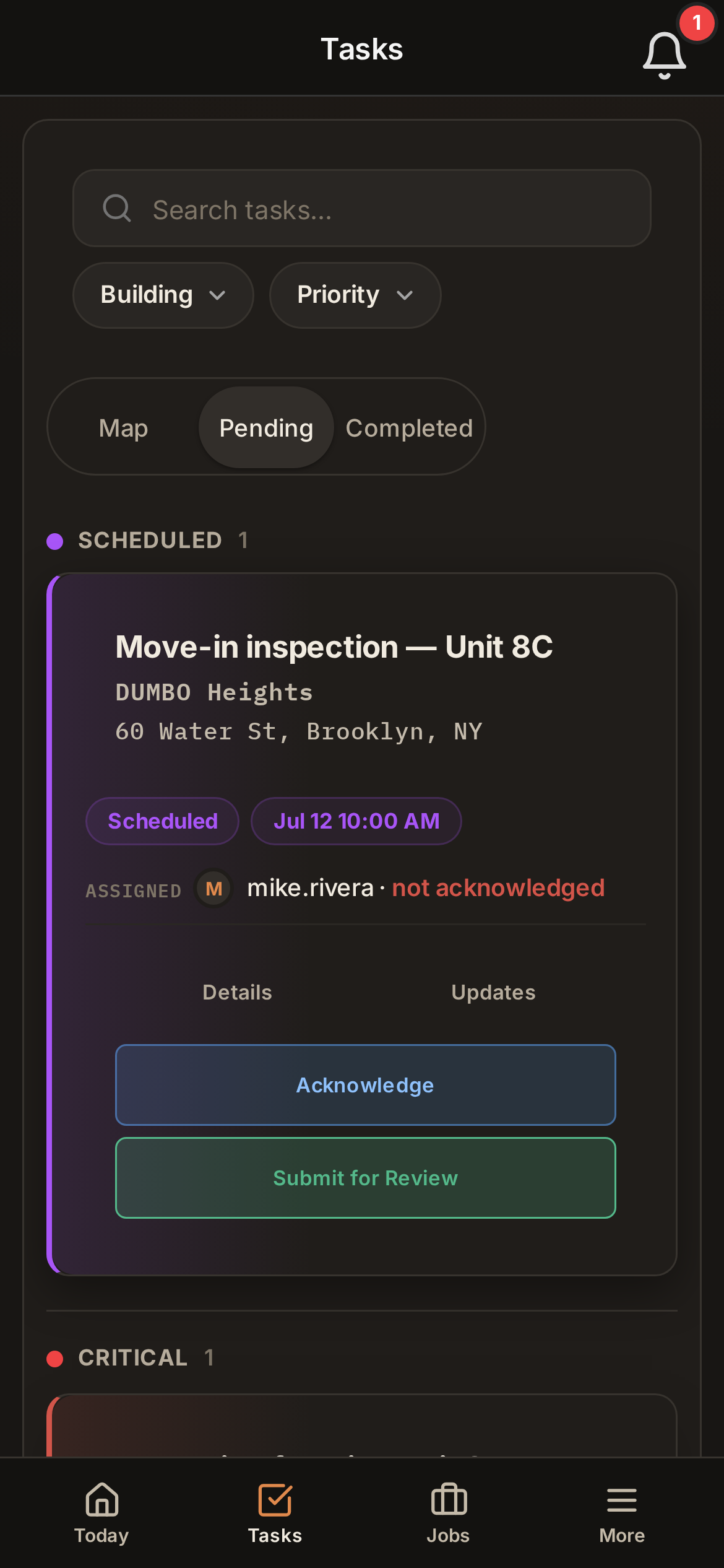RQ200 on a contractor's phone — the assigned job with Acknowledge and Submit for Review buttons